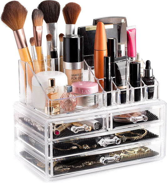 Masisrs Clear Makeup Organizer - Cosmetic Storage Organizer - 16 Compartments - Easily Sort Make up & Jewelry - 4 Drawer Vanity Organizer - Elegant Look - Transparent Design - Makeup Holder